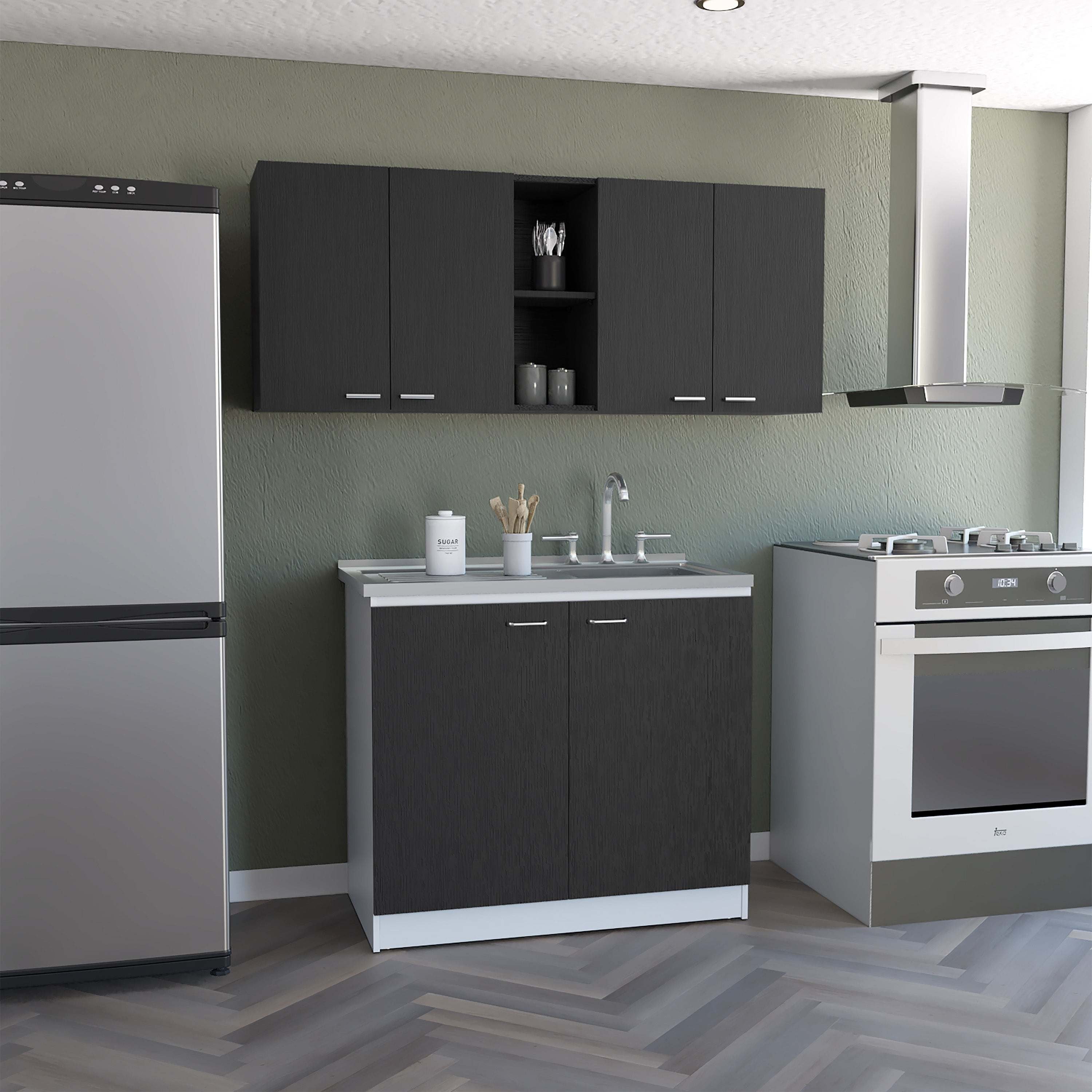 Luther 2 Piece Kitchen Set, Olimpo 150 Wall Cabinet + Salento Utility Sink With Cabinet, Black / White Luther 2 Piece Kitchen Set, Olimpo 150 Wall Cabinet + Salento Utility Sink With Cabinet, Black / White